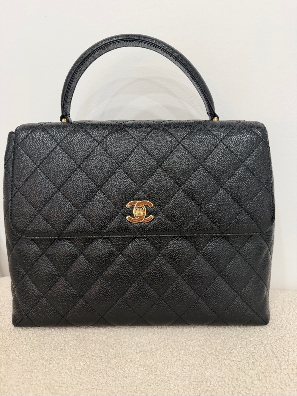Vintage CHANEL Black Quilted Top-Handle Kelly with Gold CC Lock